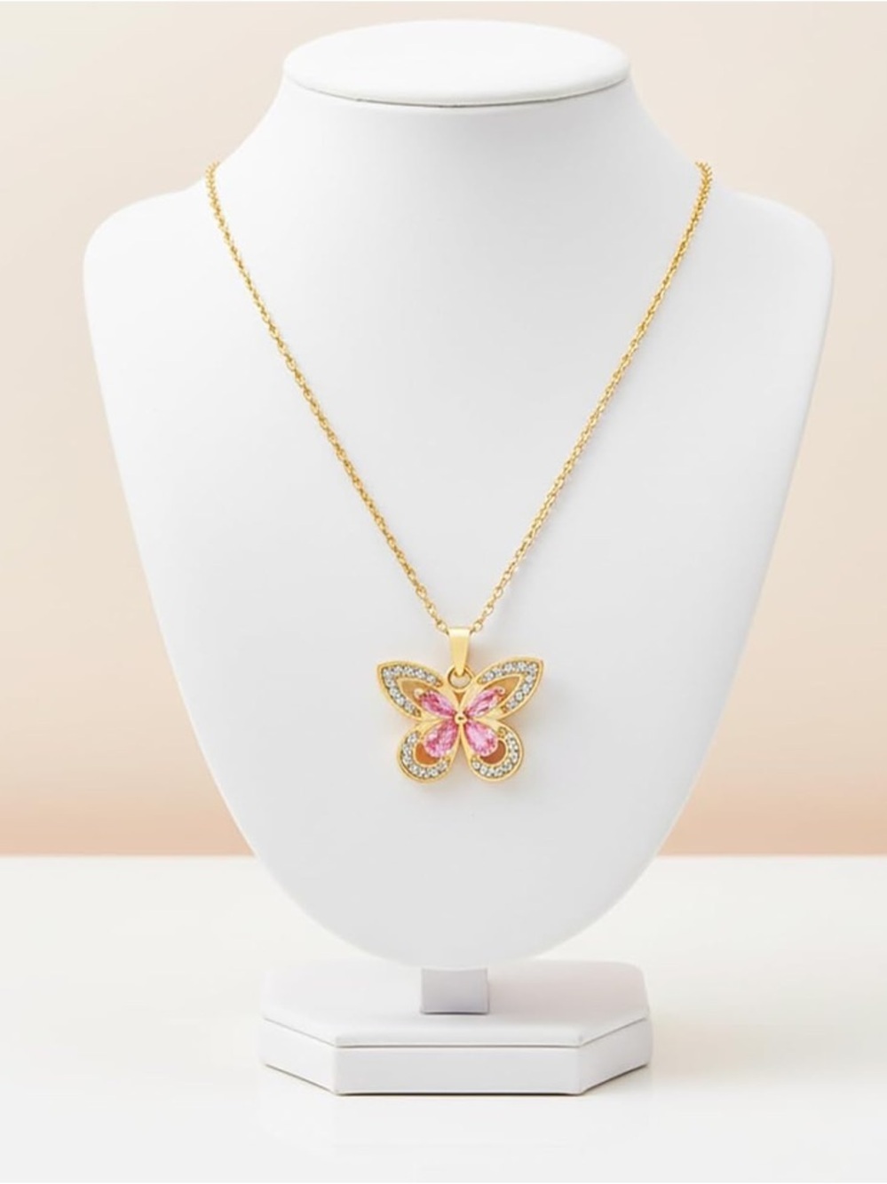New Anthropologie Gold Butterfly Necklace with Pink Stones